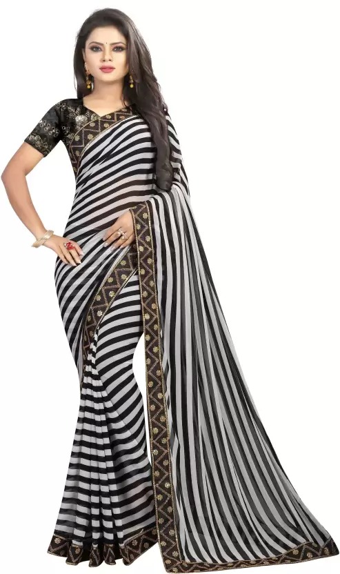 Zibra Sarees New Georgette Silk Black & White Color Lace Work Printed Saree Bangalore Silk With Blouse Piece For Women